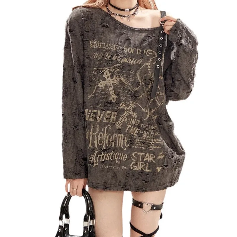 Fashionkova grunge outfits Waste Soil Style off-the-Shoulder Hot Girl Printed Blouse Top Women's Ripped Loose Feeling Lazy Long Sleeve T-shirt Summer Fashion