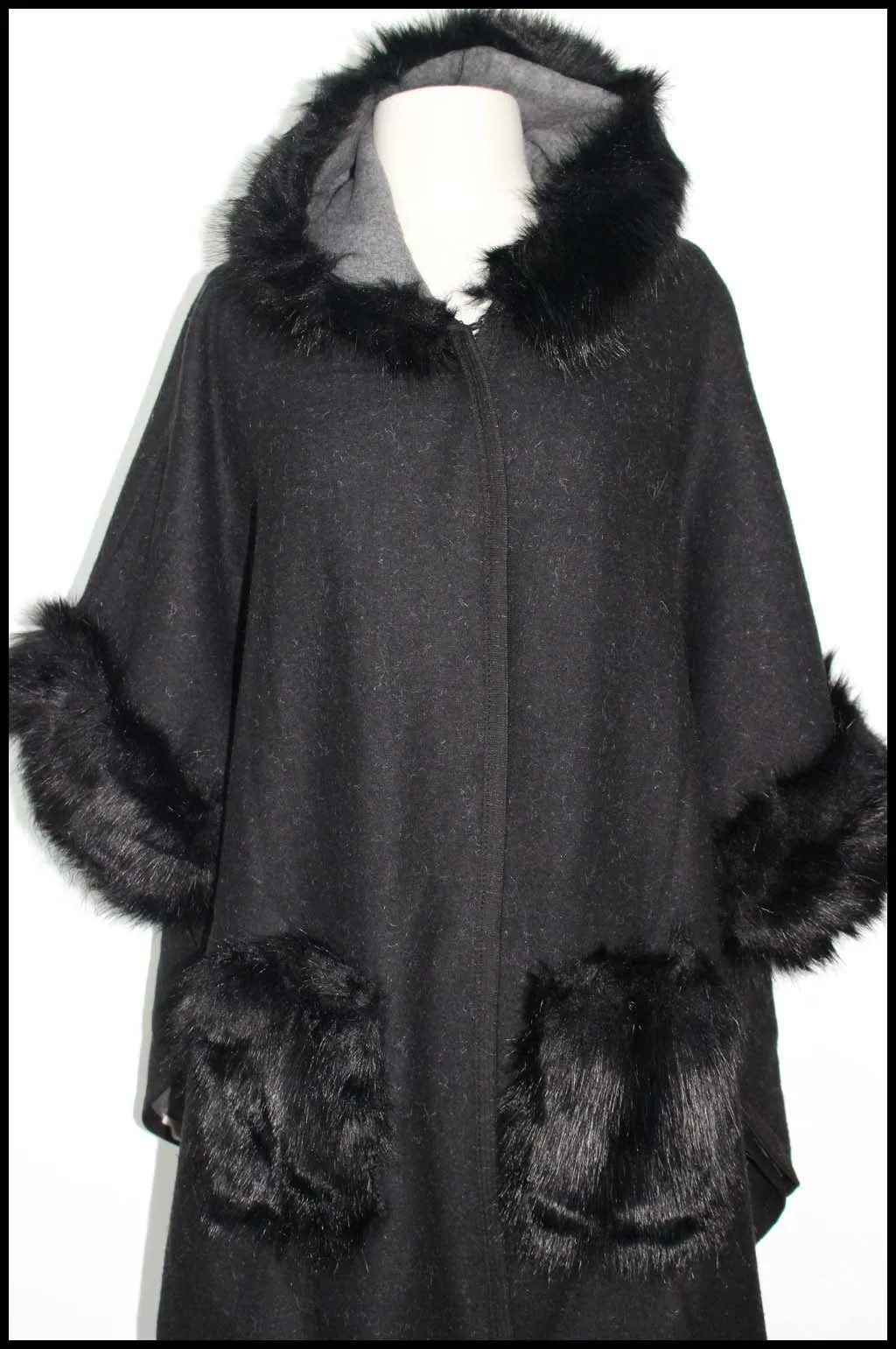 Faux Fur Hooded Cape Shawl with Pockets