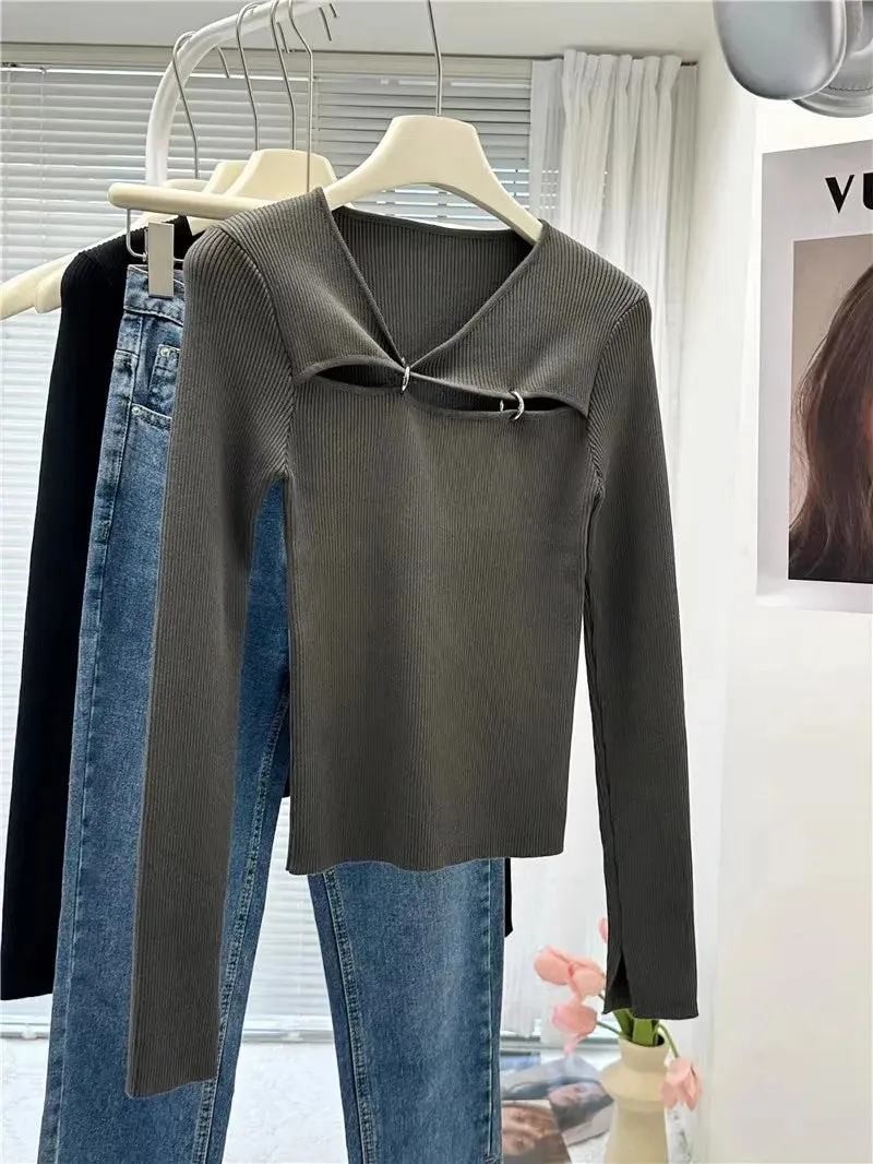 Female Fashion Cut Out Basic Tops Autumn Long Sleeve Tees Chic Y2K Slim Fit Pullover Sweater 90s Vintage Grunge Clothes C-247