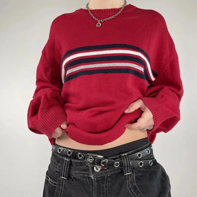 Flytonn-Preppy Vintage Y2K Loose Fit Knitwear Tops Harajuku Striped Knitted Sweater Korean Grunge Long Sleeve Round Neck Pullover