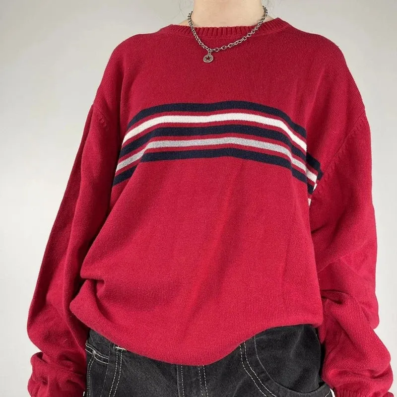 Flytonn-Preppy Vintage Y2K Loose Fit Knitwear Tops Harajuku Striped Knitted Sweater Korean Grunge Long Sleeve Round Neck Pullover