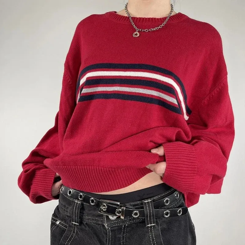 Flytonn-Preppy Vintage Y2K Loose Fit Knitwear Tops Harajuku Striped Knitted Sweater Korean Grunge Long Sleeve Round Neck Pullover