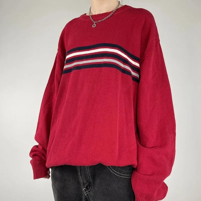 Flytonn-Preppy Vintage Y2K Loose Fit Knitwear Tops Harajuku Striped Knitted Sweater Korean Grunge Long Sleeve Round Neck Pullover