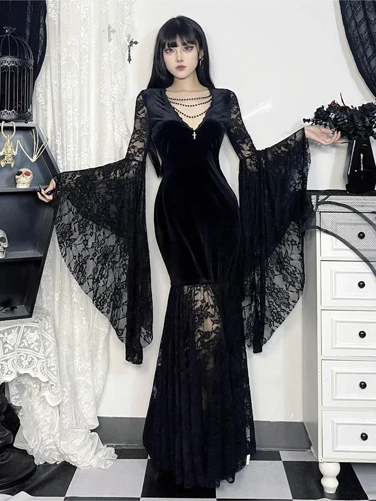 Flytonn Vintage Fairy Grunge Dress Women Halloween Gothic Dark Elegant Lace Patchwork V-neck High Waist Dress Evening Partywear