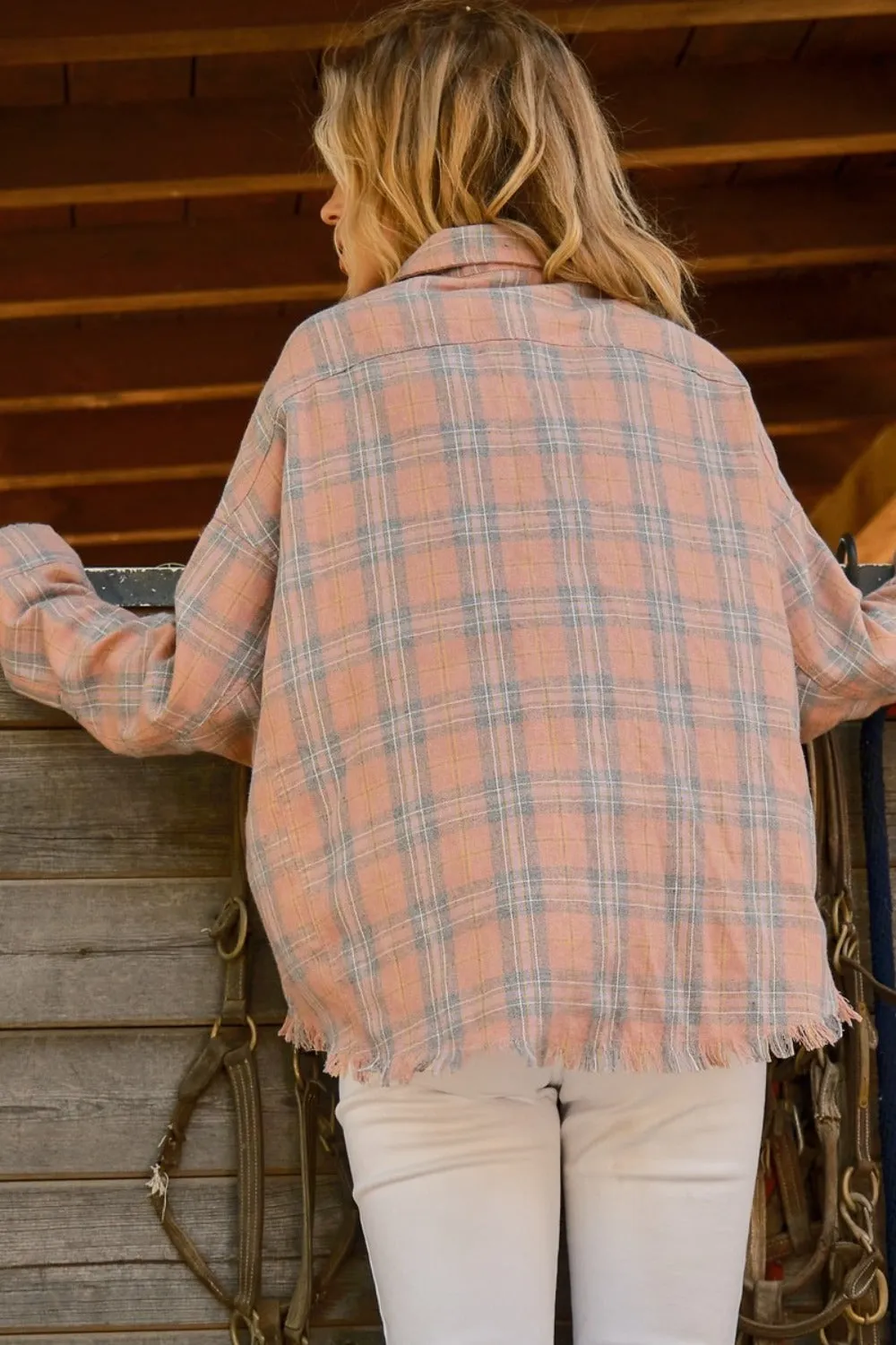 Full Size Plaid Button Up Raw Hem Shirt