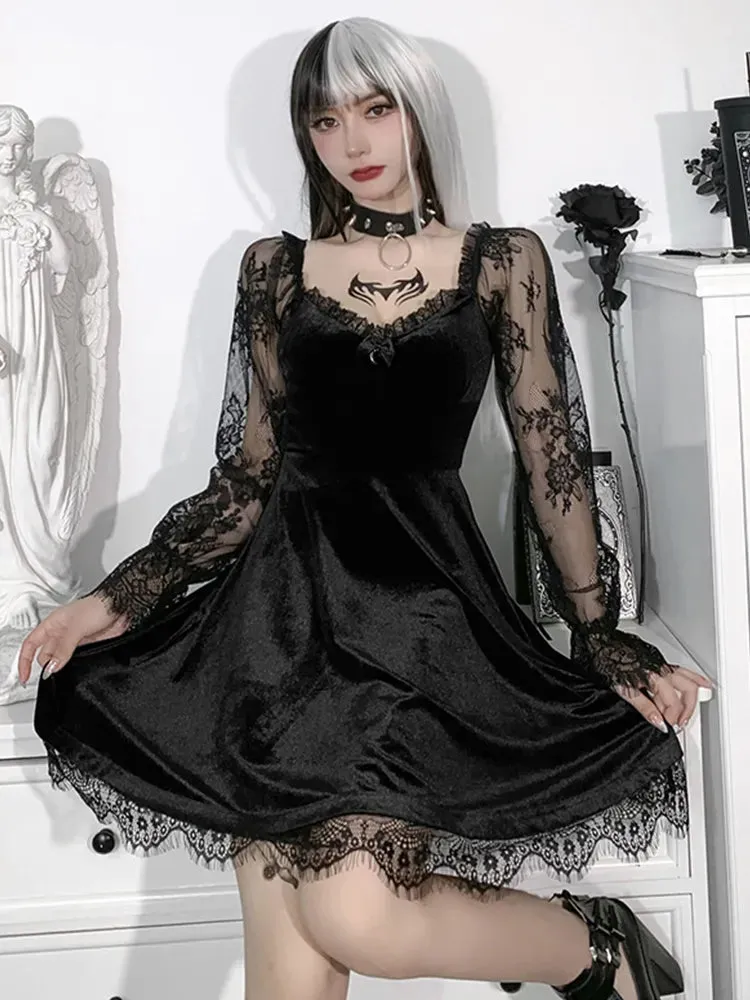 Getadme E-girl Grunge Gothic Black Mini Dress Lace Trim High Waist Bodycon Dress Women 90s Vintage Punk Harajuku Lolita Clothes