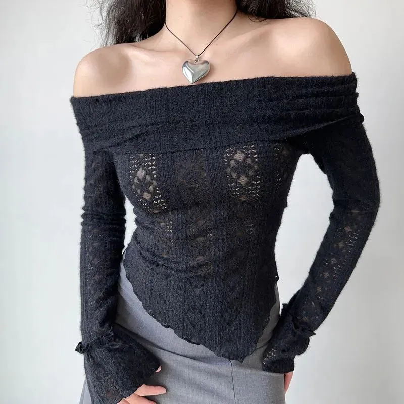 Girlary-shop grunge dti Irregular Jacquard Hollow-out off-Shoulder Retro Brushed Lace Long-Sleeved T-shirt Women's Slim-Fit Hot Girl Top