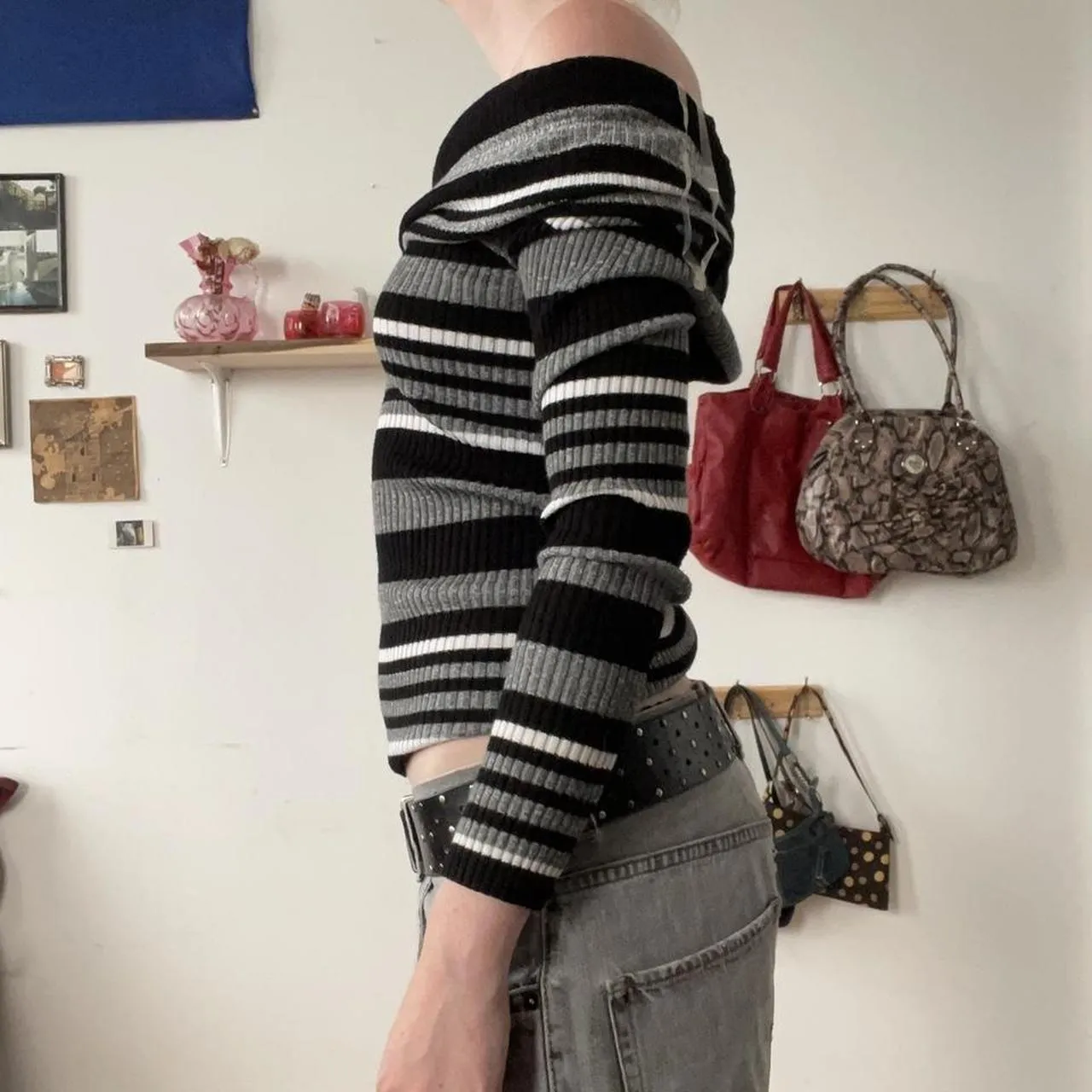 Girlary-shop grunge dti New Fashion New off-Shoulder Striped Long Sleeve Sweater