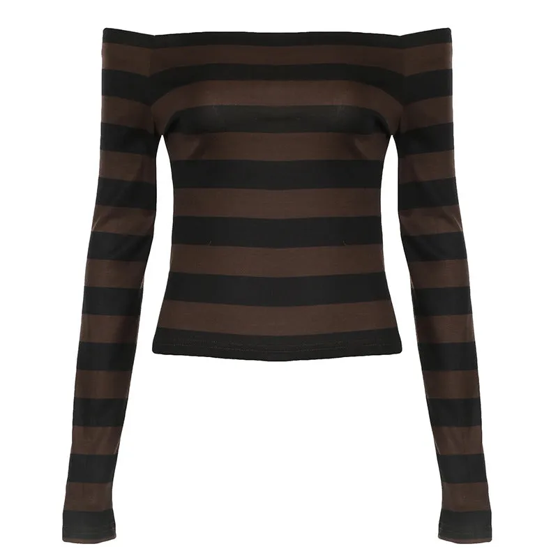 Girlary-shop grunge dti off-Shoulder Contrast Color Striped T-shirt 2024 Autumn New Women's Slim Slimming Long Sleeve Knitted Top