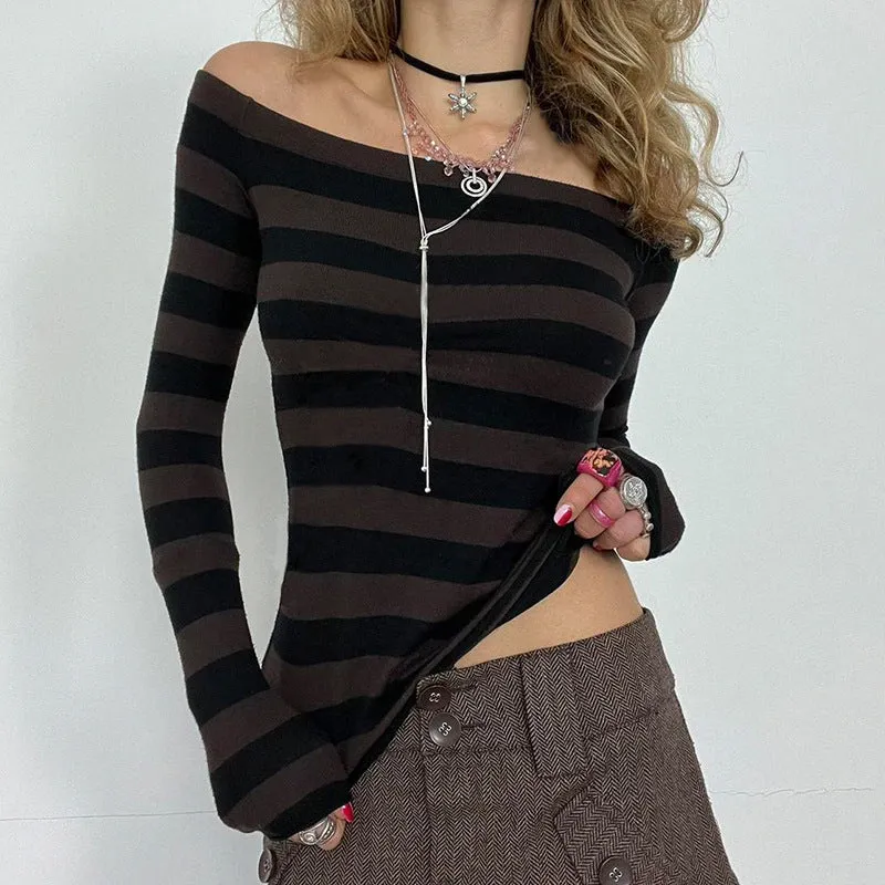 Girlary-shop grunge dti off-Shoulder Contrast Color Striped T-shirt 2024 Autumn New Women's Slim Slimming Long Sleeve Knitted Top