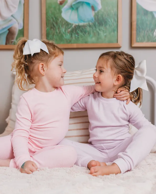 Girls Soft & Cozy Thermal 2-Piece Long Johns | Bright Light Pink w- Light Pink Stitch