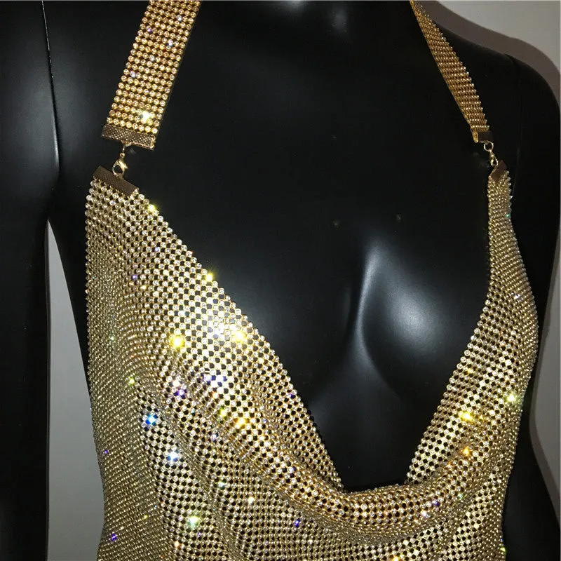 Gold Silver Rhinestone Tassel Chain Dress Women Hip High Split Luxury Party Halter Beach Nightclub Dress