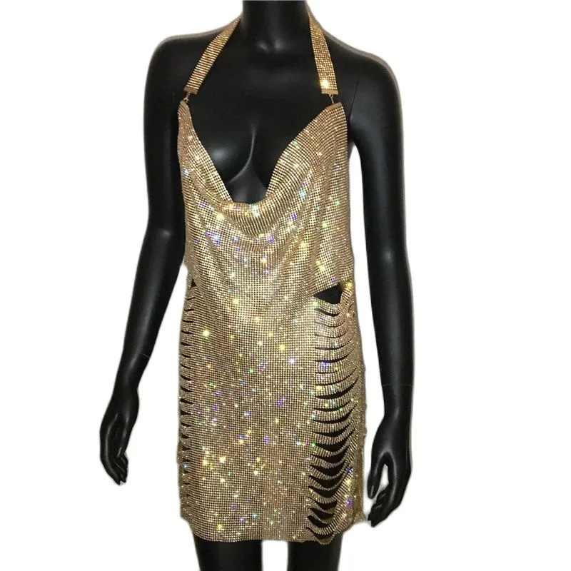 Gold Silver Rhinestone Tassel Chain Dress Women Hip High Split Luxury Party Halter Beach Nightclub Dress