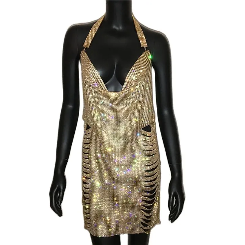 Gold Silver Rhinestone Tassel Chain Dress Women Hip High Split Luxury Party Halter Beach Nightclub Dress