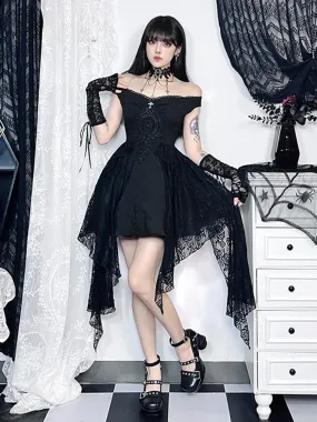 Gothic Lace Fluffy Shoulder Floral Pleated A Line Patchwork Retro Off Grunge Gown