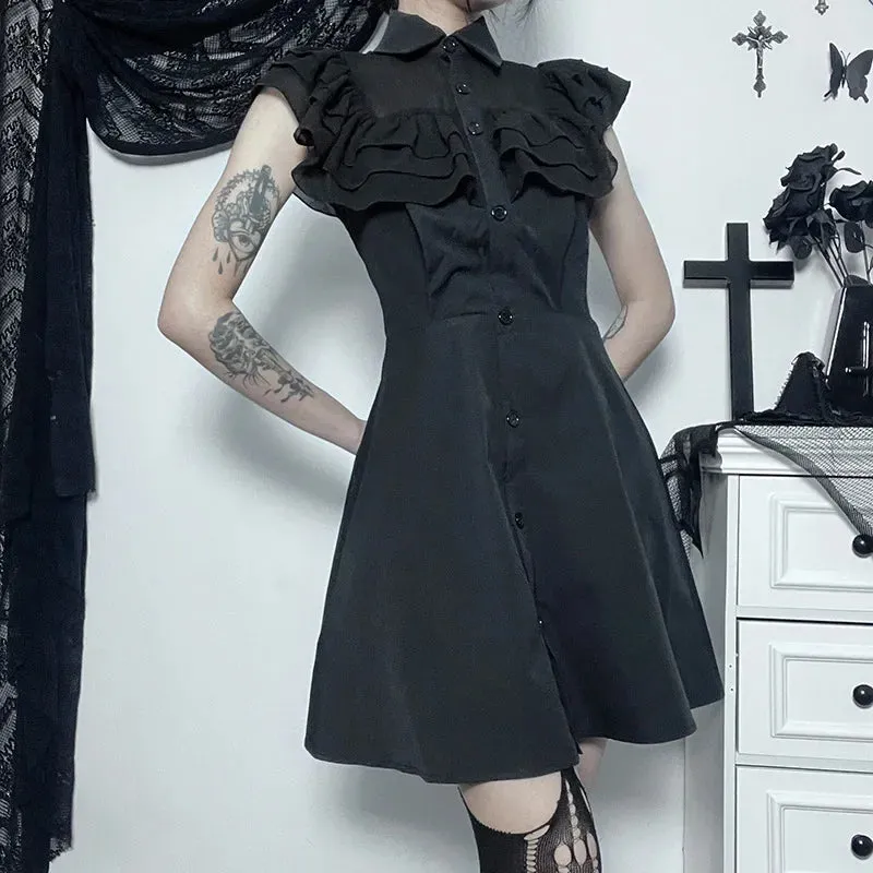 Gothic Mall Harajuku E Girl Mesh Patchwork Black Slim A Line Sexy Party Grunge Streetwear Gothic Dress