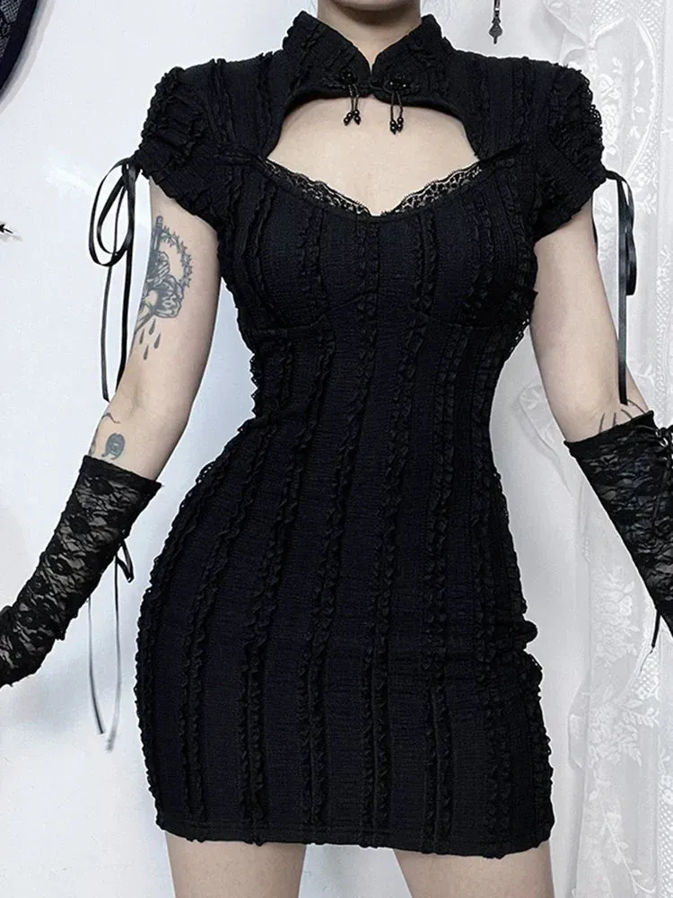 Gothic Out Texture Short Hip Grunge Hollow Knitted Small Sleeve Collar Vertical Gown