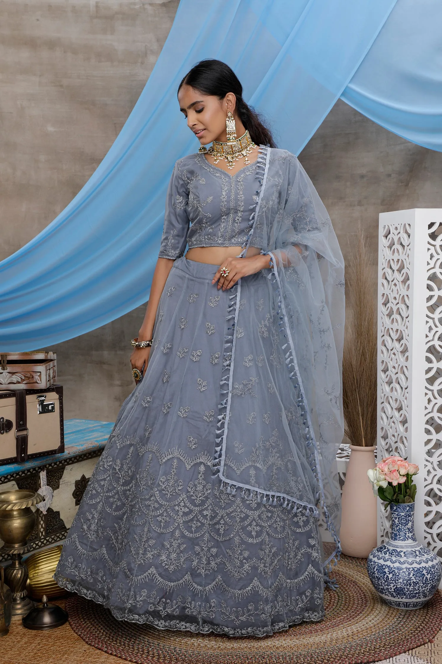 Grey Lehenga choli For women,wedding bridal wear lengha choli custom made party wear, Bollywood Style