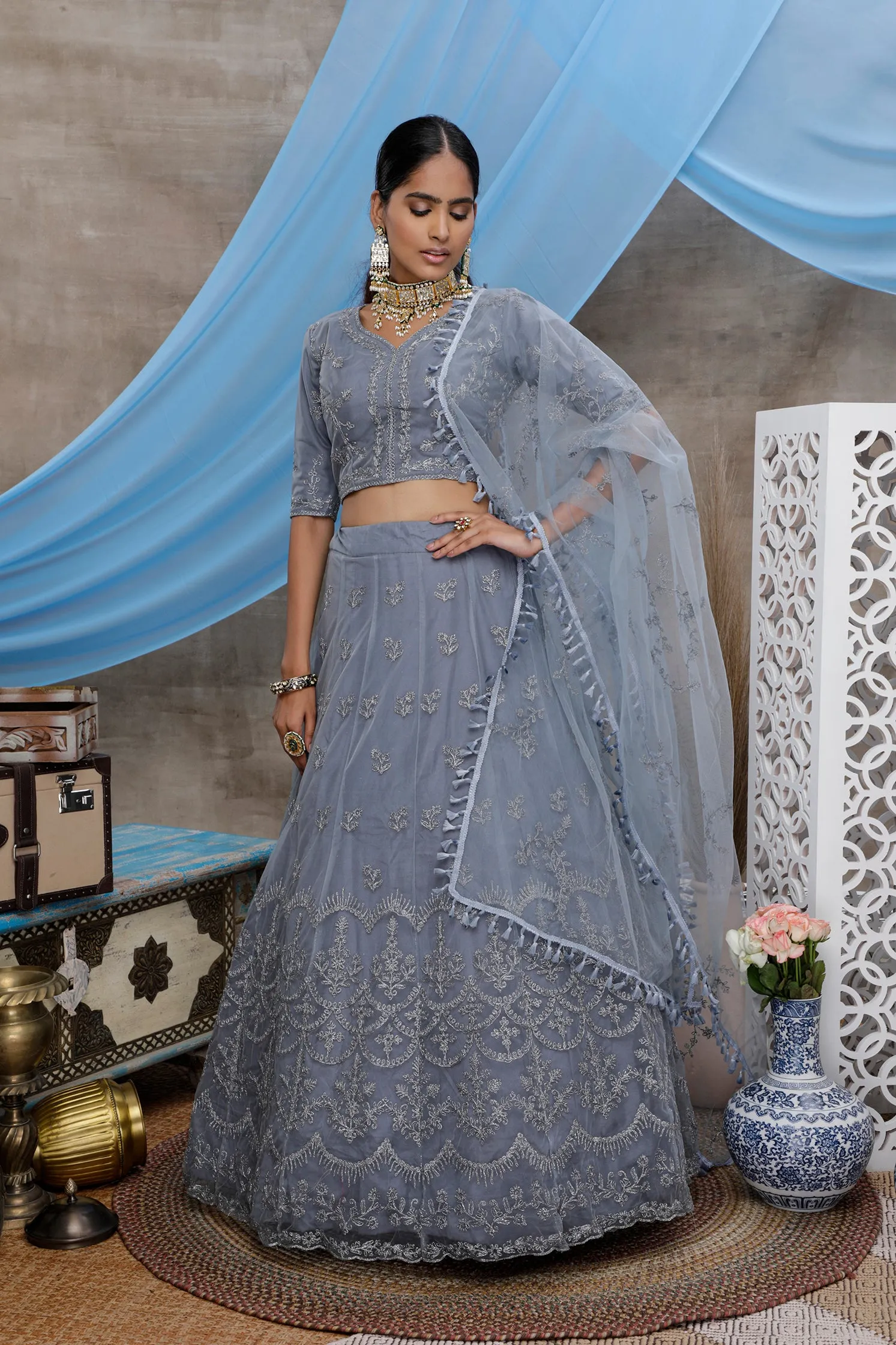 Grey Lehenga choli For women,wedding bridal wear lengha choli custom made party wear, Bollywood Style