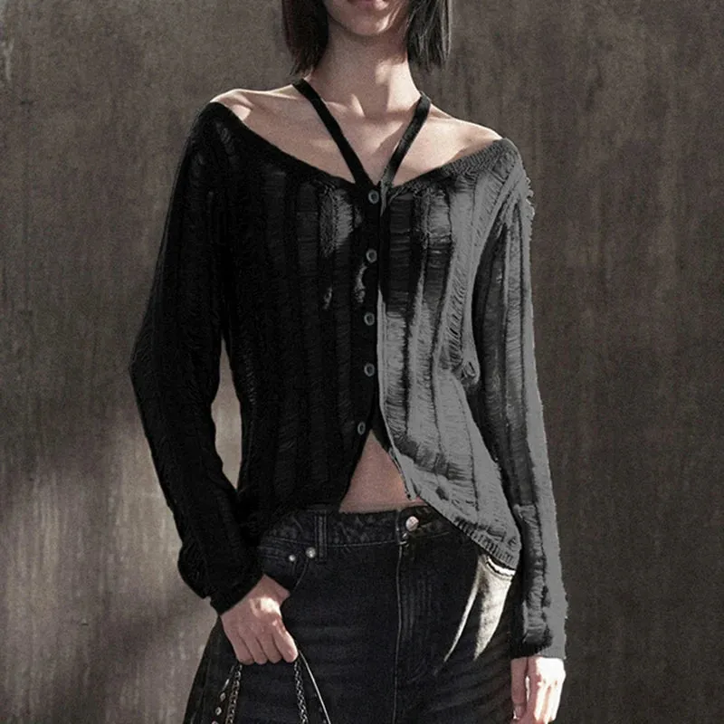 Grunge Black Ripped Halter Sweater Women Hole Buttons Knitting Pullover Harajuku Gothic Tops Hollow Out Thin Outfits