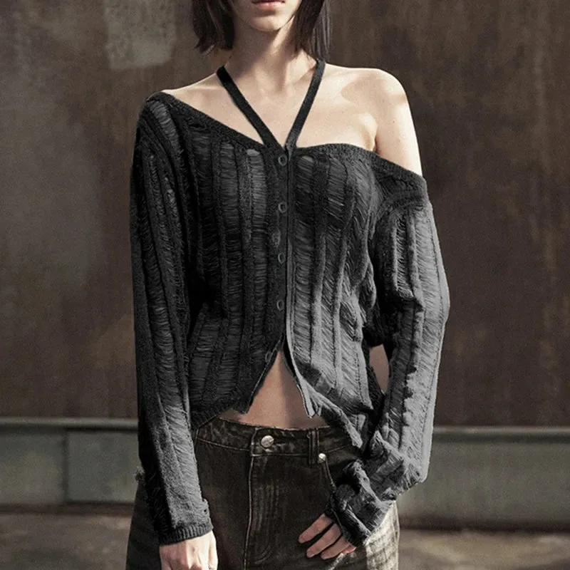 Grunge Black Ripped Halter Sweater Women Hole Buttons Knitting Pullover Harajuku Gothic Tops Hollow Out Thin Outfits