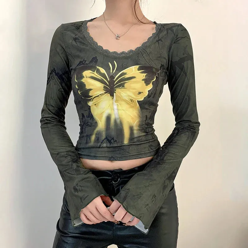 Grunge Butterfly Printed Fitness Flare Sleeve Crop Top Autumn Tee Pullover Frill Lace Trim Vintage Tshirt Y2K Outfits