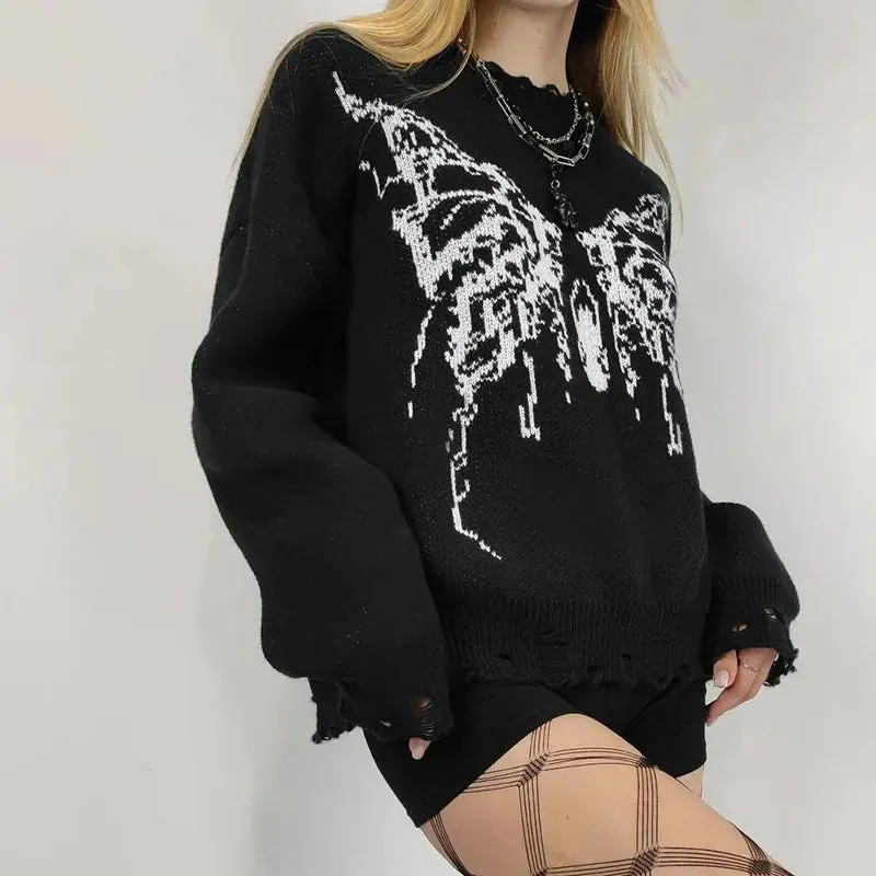 Grunge Gothic Butterfly Autumn Sweater Women Loose Vintage Hole Ripped Knitted Pullover Halloween Y2K Jumper Outwear