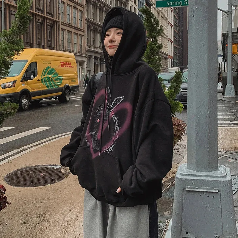 Grunge Gothic Oversized Hoodie Women Vintage Graphic Print Autumn Pullover Hooded Pockets Halloween Sweatshirt Jumper