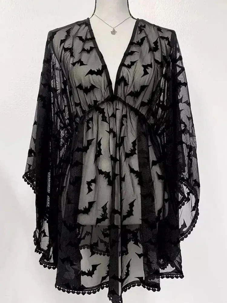 Grunge Night Aesthetic Through Goth Graphic Black See Chiffon E-Girls Club Lace Bat Frock