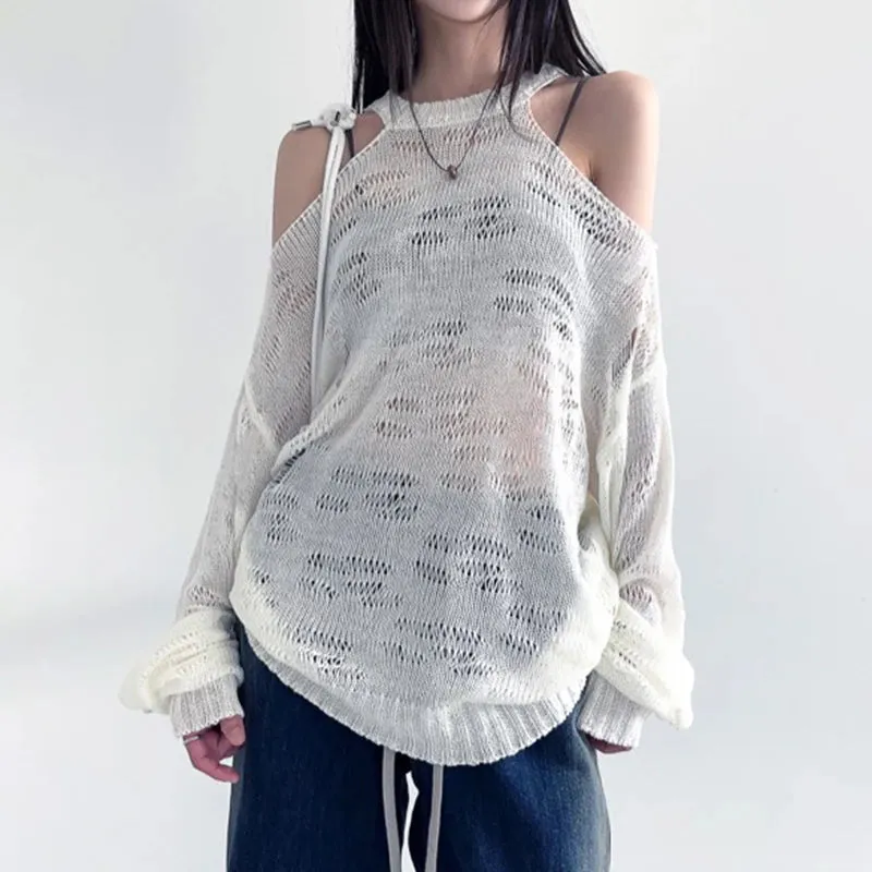 Grunge Ripped Women's Oversize Sweater Open Shoulder Knitted Pullover Hole Fashion Harajuku Autumn Knit Jumpers