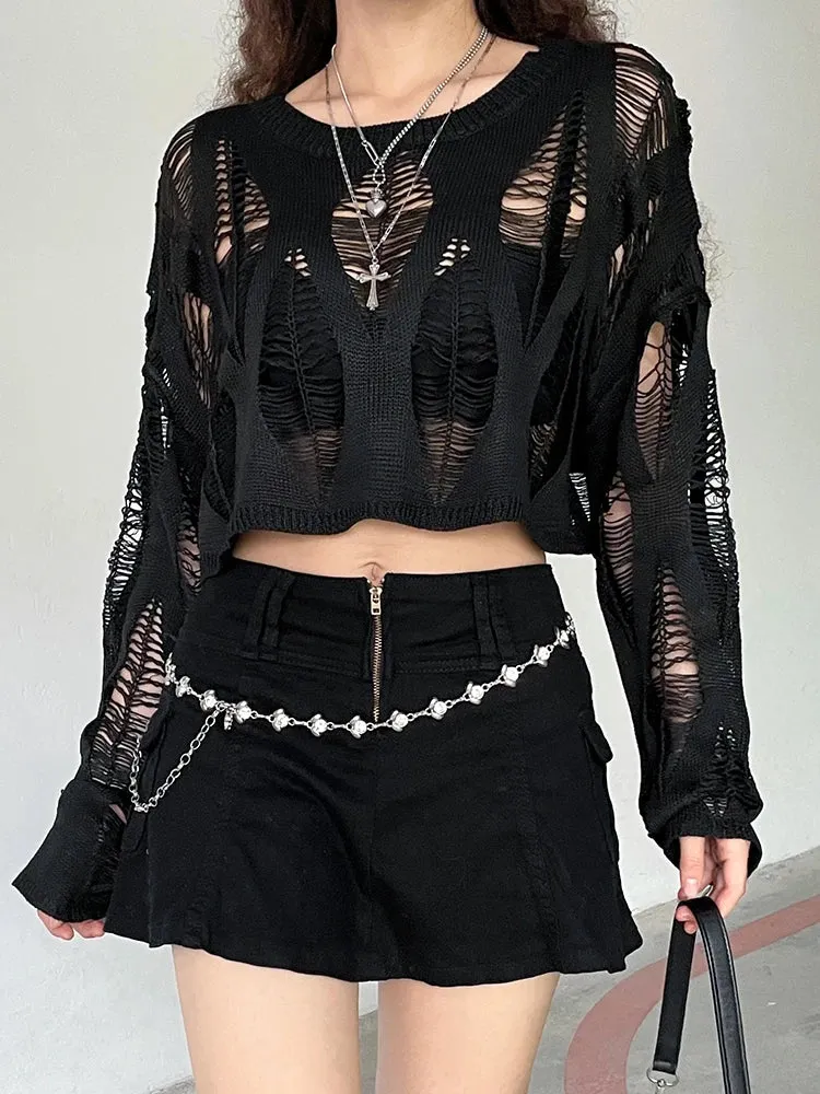 Grunge Vintage Hole Ripped Knitted Smock Tops Sexy Fashion Cropped Pullover Hollow Out Spring Autumn Sweater Knitwear