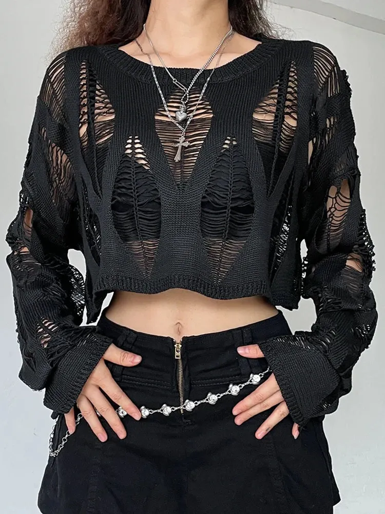 Grunge Vintage Hole Ripped Knitted Smock Tops Sexy Fashion Cropped Pullover Hollow Out Spring Autumn Sweater Knitwear