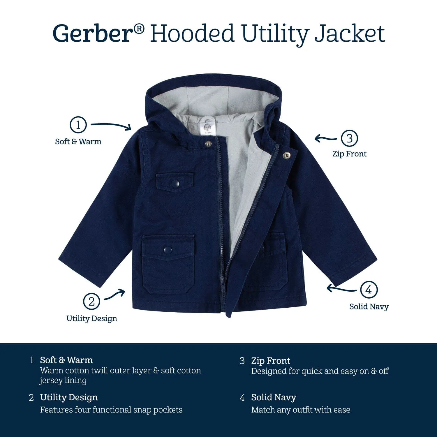 Infant & Toddler Navy Hooded Cotton Twill Utility Jacket