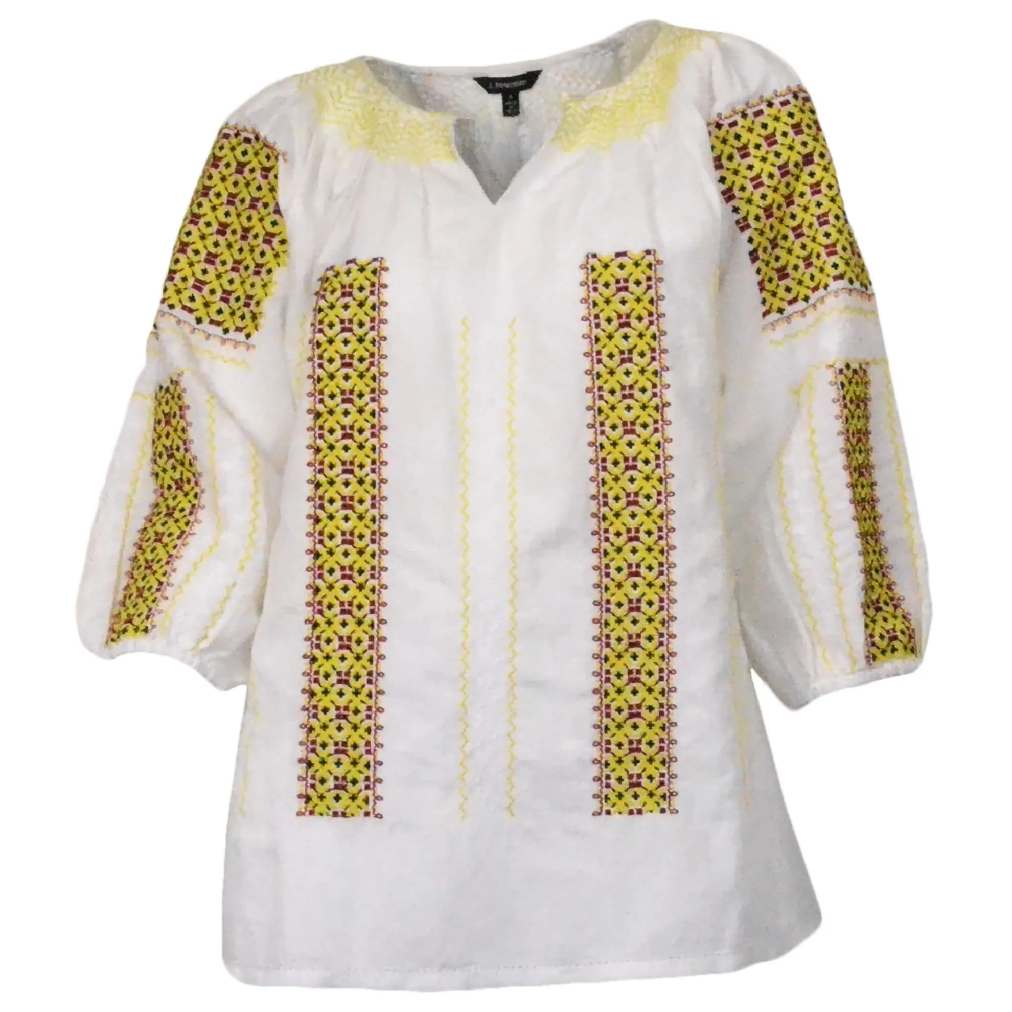 J. Peterman Women's Embroidered Cotton Linen Keyhole Peasant Blouse