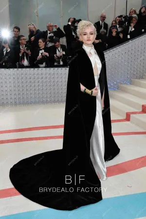 Julia Garner 2023 Met Gala Light Ivory Halter Dress with Black Cape