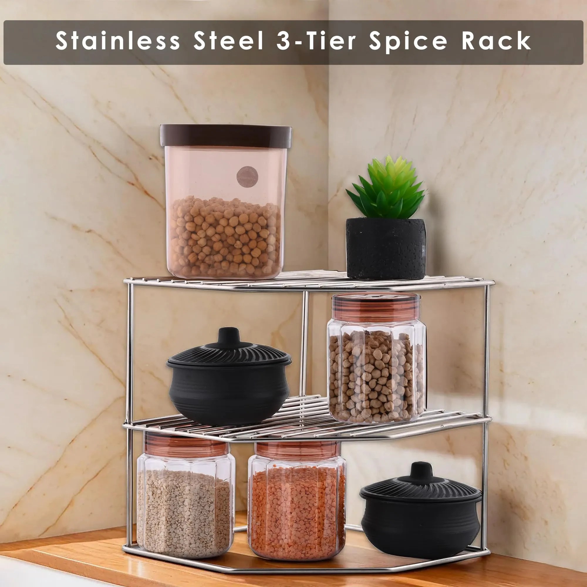 Kuber Industries (Set of 3) Multipurpose Counter Top Spice Rack Trolley Organizer 3-Layer Stainless Steel Corner Stand for Kitchen | Silver