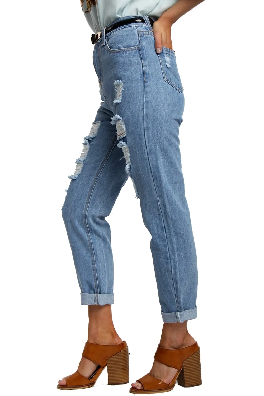 Light Blue High Waisted Distressed Ripped Tapered Skinny Boyfriend Jeans