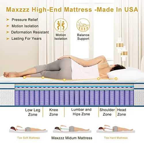 Maxzzz King Mattress in a Box, 12 Inch Euro Top Hybrid Mattress, Gel Memory Foam for Sleep Cool, Motion Isolating Individually Wrapped Coils, Firm Mattress for Back Pain Relief