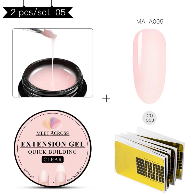 MEET ACROSS Poly Extention Gel Kits Nail Art French Nail Clear Pink Withe Colors Nail Tips Crystal UV Gel Slice Brush Nail