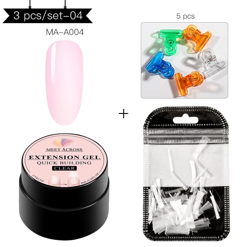 MEET ACROSS Poly Extention Gel Kits Nail Art French Nail Clear Pink Withe Colors Nail Tips Crystal UV Gel Slice Brush Nail