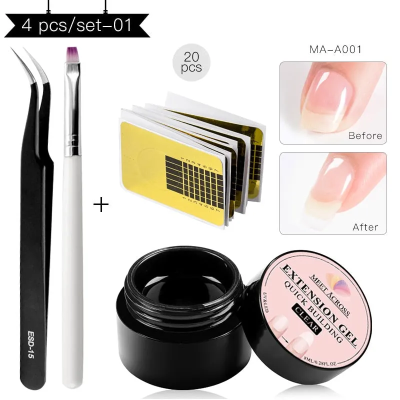 MEET ACROSS Poly Extention Gel Kits Nail Art French Nail Clear Pink Withe Colors Nail Tips Crystal UV Gel Slice Brush Nail