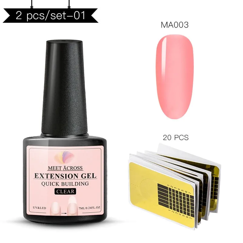 MEET ACROSS Poly Extention Gel Kits Nail Art French Nail Clear Pink Withe Colors Nail Tips Crystal UV Gel Slice Brush Nail