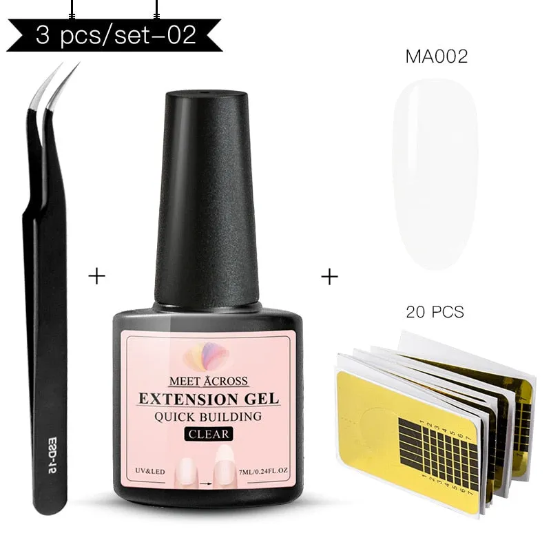 MEET ACROSS Poly Extention Gel Kits Nail Art French Nail Clear Pink Withe Colors Nail Tips Crystal UV Gel Slice Brush Nail