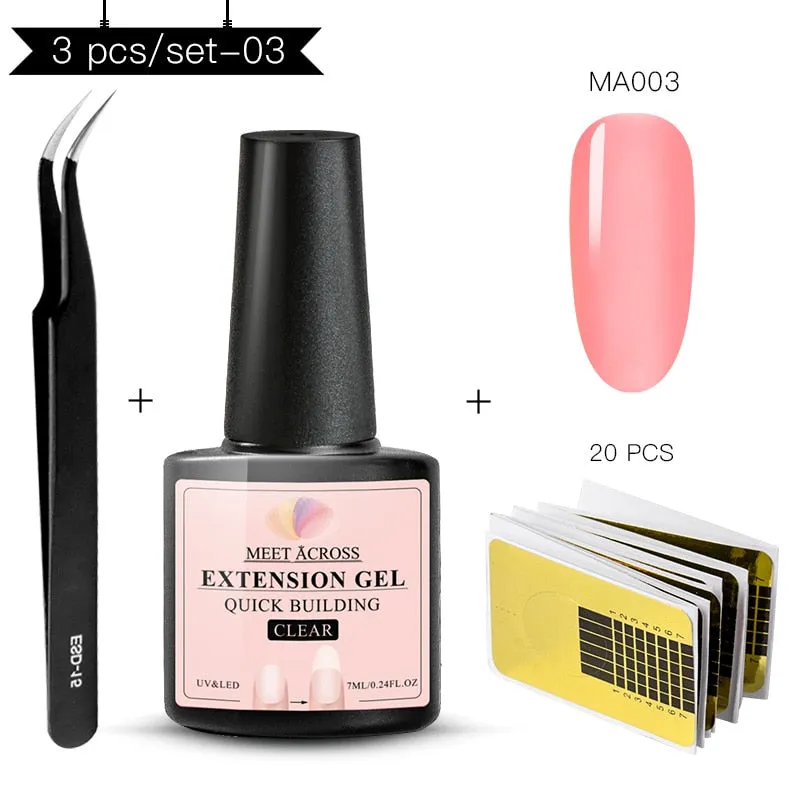 MEET ACROSS Poly Extention Gel Kits Nail Art French Nail Clear Pink Withe Colors Nail Tips Crystal UV Gel Slice Brush Nail