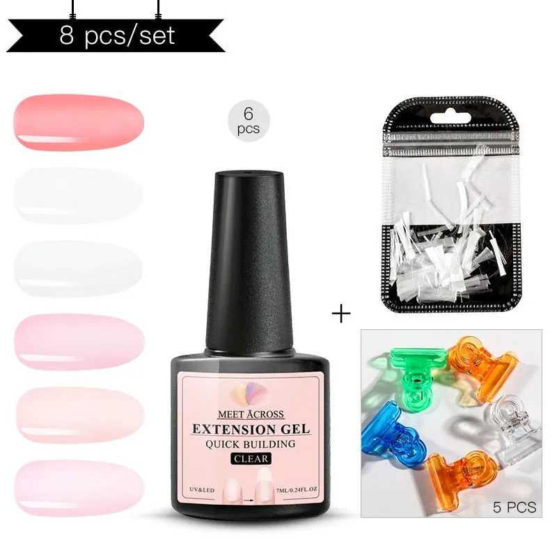 MEET ACROSS Poly Extention Gel Kits Nail Art French Nail Clear Pink Withe Colors Nail Tips Crystal UV Gel Slice Brush Nail