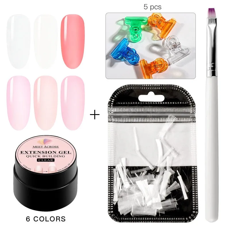 MEET ACROSS Poly Extention Gel Kits Nail Art French Nail Clear Pink Withe Colors Nail Tips Crystal UV Gel Slice Brush Nail