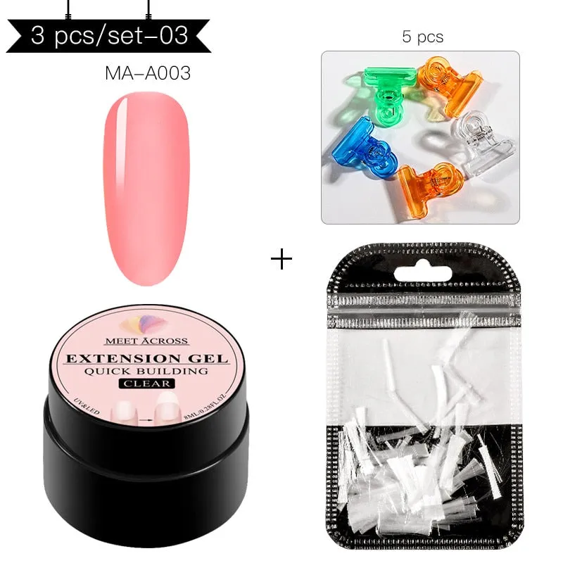 MEET ACROSS Poly Extention Gel Kits Nail Art French Nail Clear Pink Withe Colors Nail Tips Crystal UV Gel Slice Brush Nail