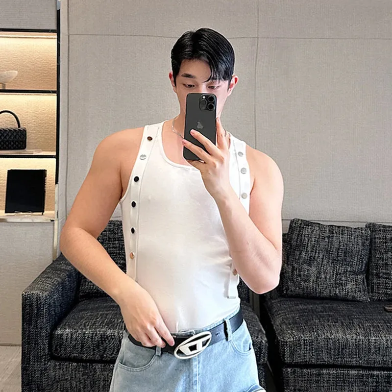 Men's Tank Top Summer Niche Design Silver Buckle Strap Round Neck Pullover Vest Solid Color Male Personality Top 9C5991