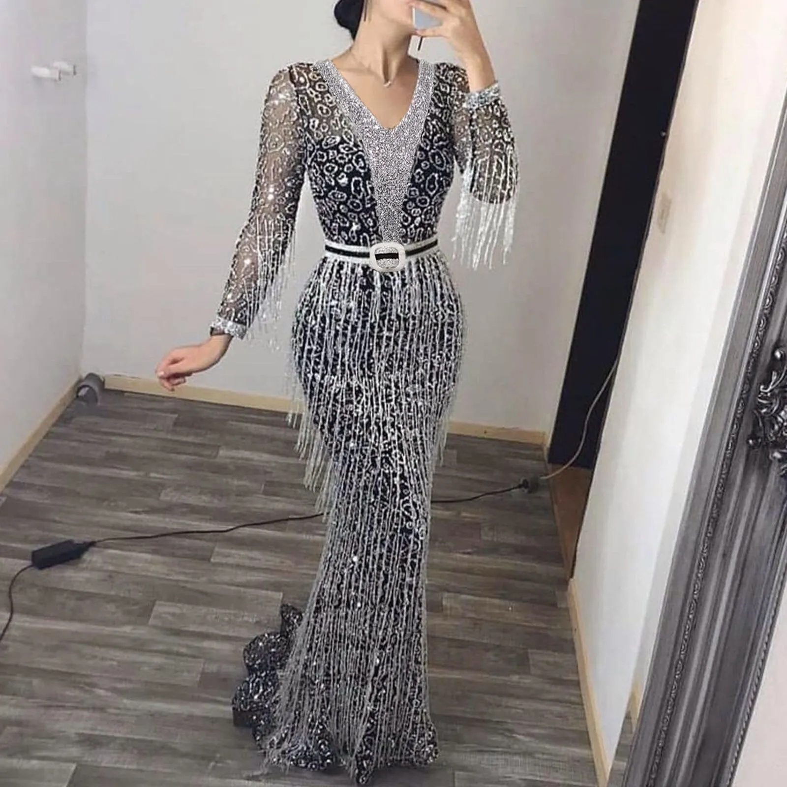 New Elegant Silver Maxi Party DresseLong Sleeve Sexy Lace V Neck Long Dresses Sequins