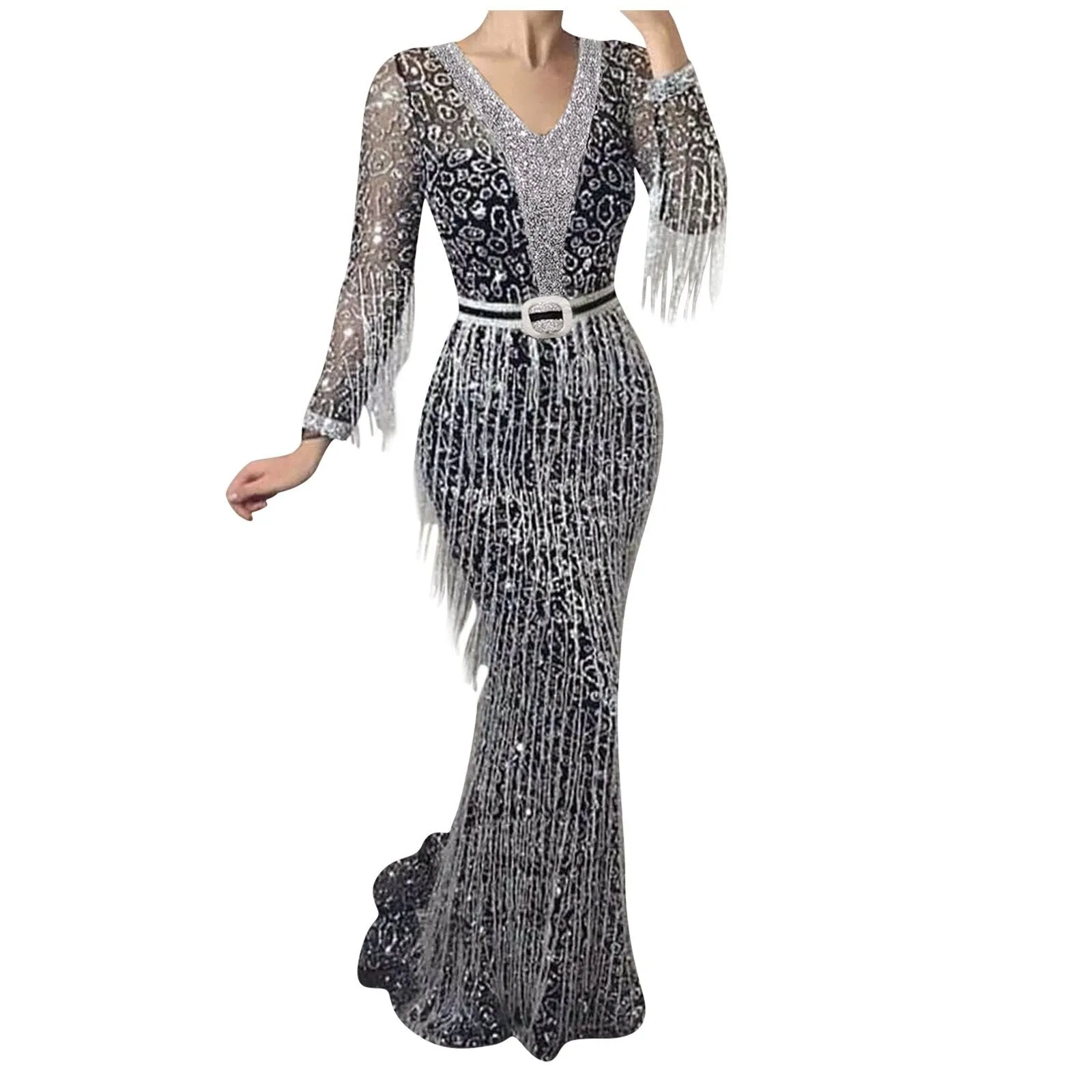 New Elegant Silver Maxi Party DresseLong Sleeve Sexy Lace V Neck Long Dresses Sequins